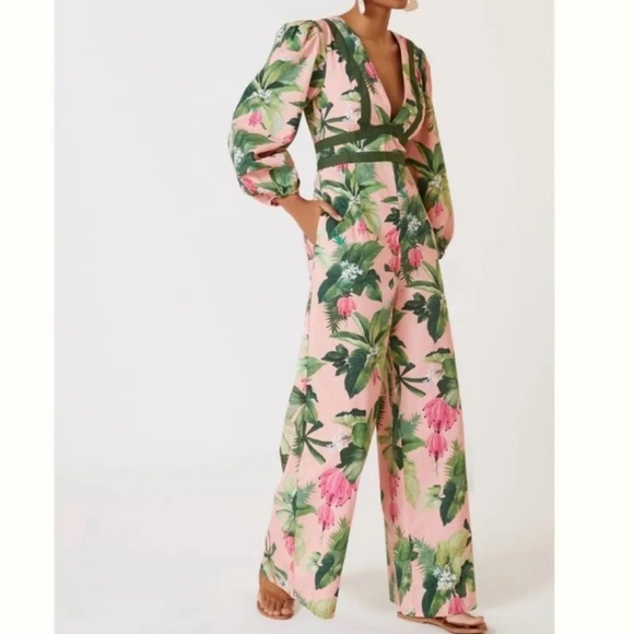 FARM Rio x Anthropologie Tropical Floral Plunge Jumpsuit, Pink Sz M